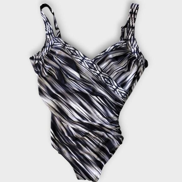 Miraclesuit L56110 Womens Swimsuit Sz 12 Printed Black White One Piece Tummy - Picture 1 of 10
